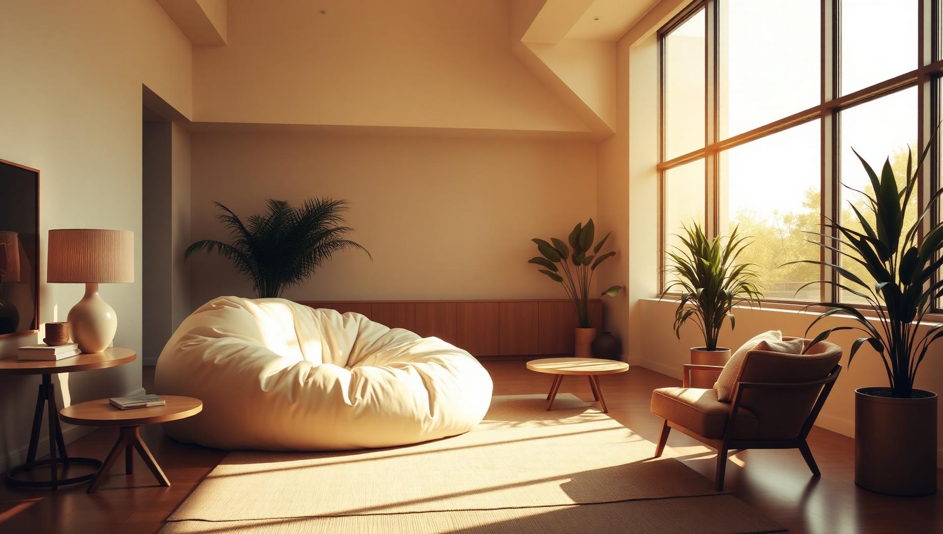 Sunken lounge with a textured beige sofa bathed in golden hour light